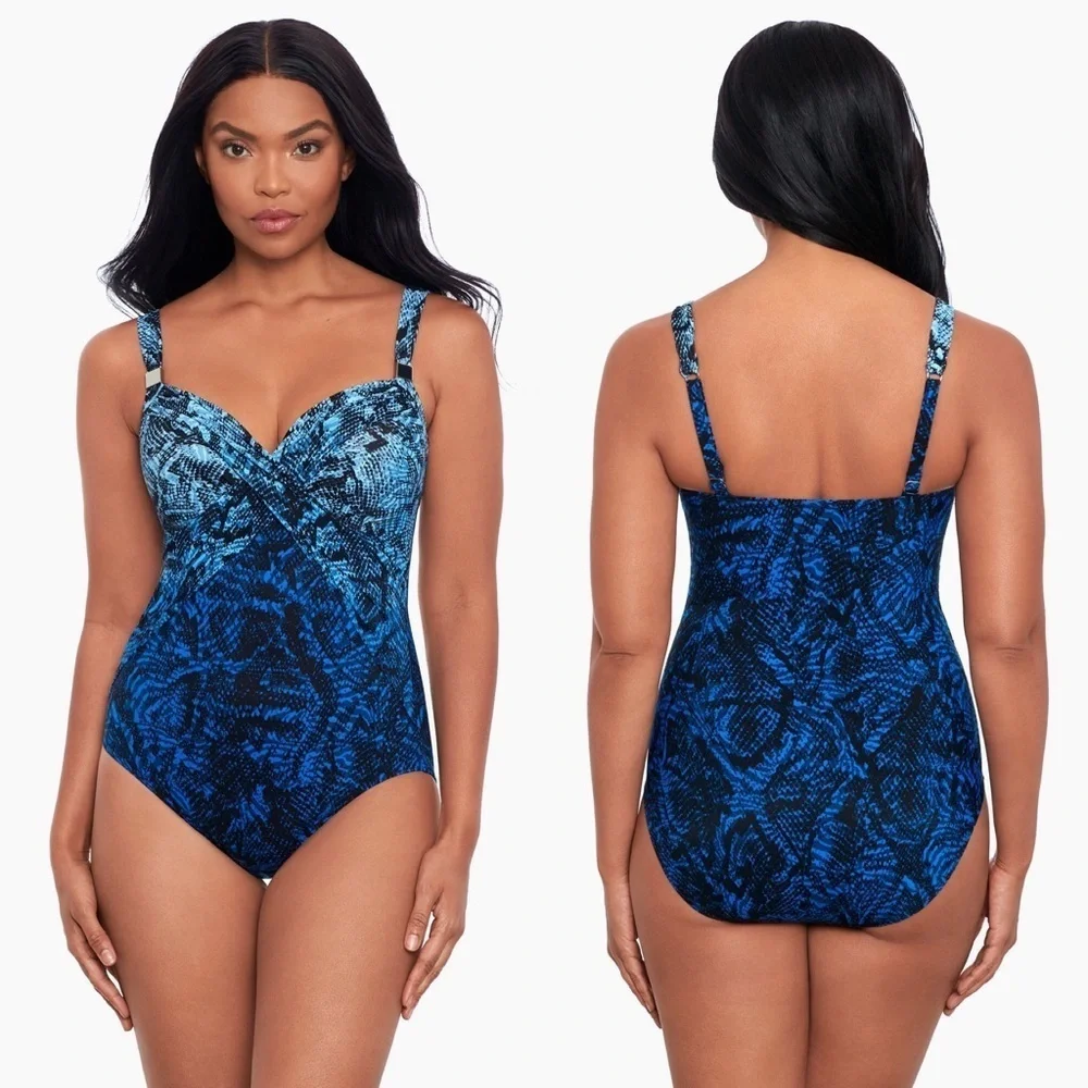 $200 NWT Miraclesuit 10 Boa Blues Underwire Bra Tummy Control One Piece Navy
